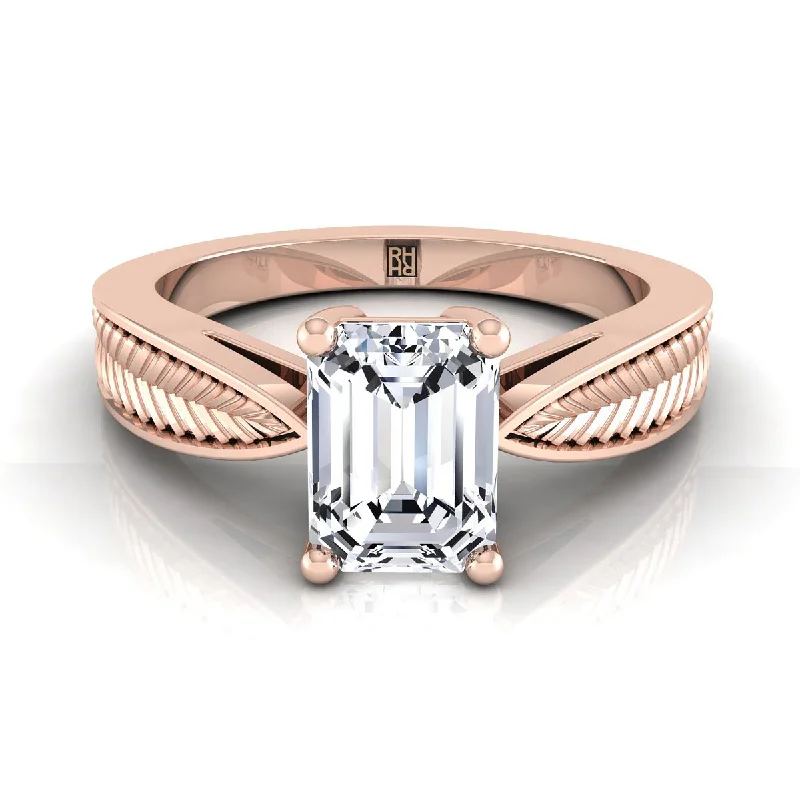 platinum engagement rings-14K Rose Gold Emerald Cut Vintage Inspired Leaf Pattern Pinched Solitaire Engagement Ring