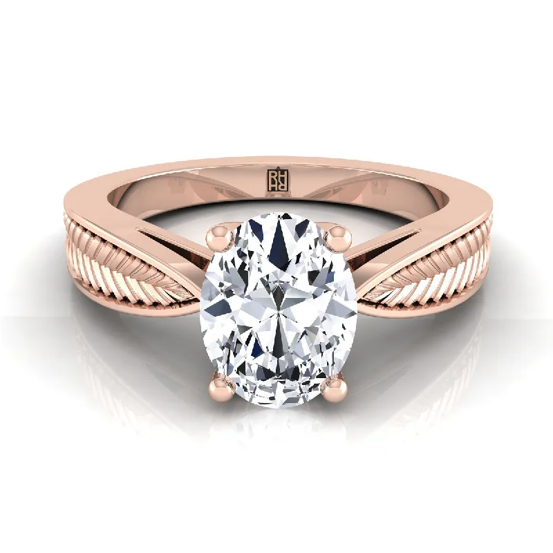 promise rings for couples-14K Rose Gold Oval Vintage Inspired Leaf Pattern Pinched Solitaire Engagement Ring