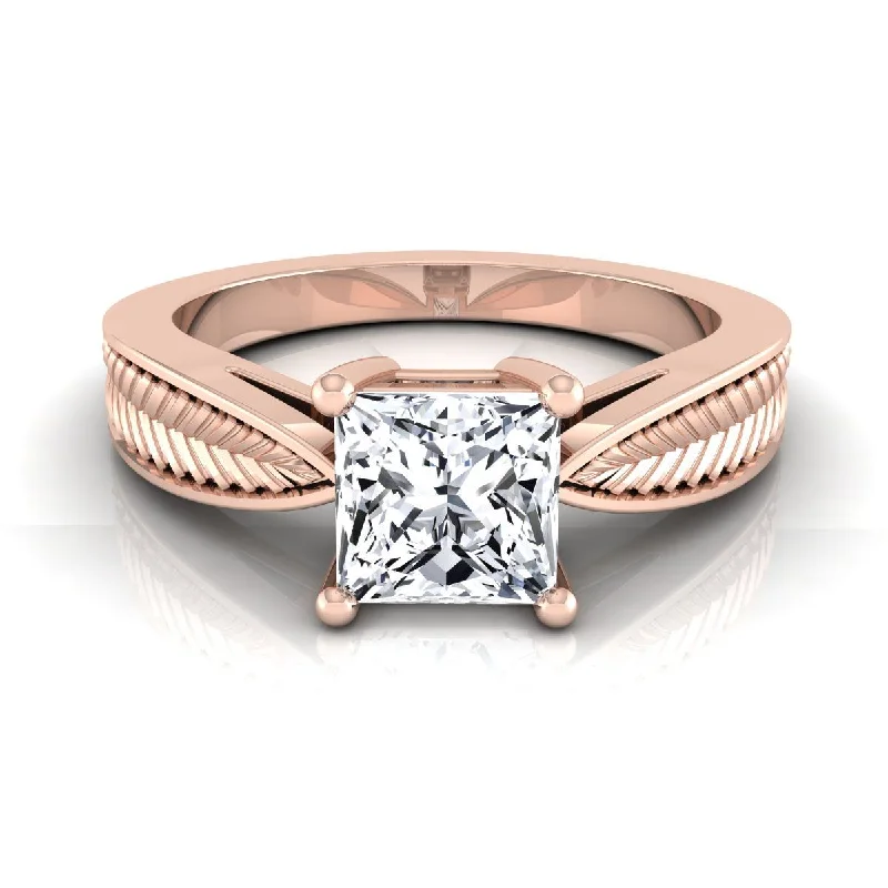 personalized rings for women-14K Rose Gold Princess Cut Vintage Inspired Leaf Pattern Pinched Solitaire Engagement Ring