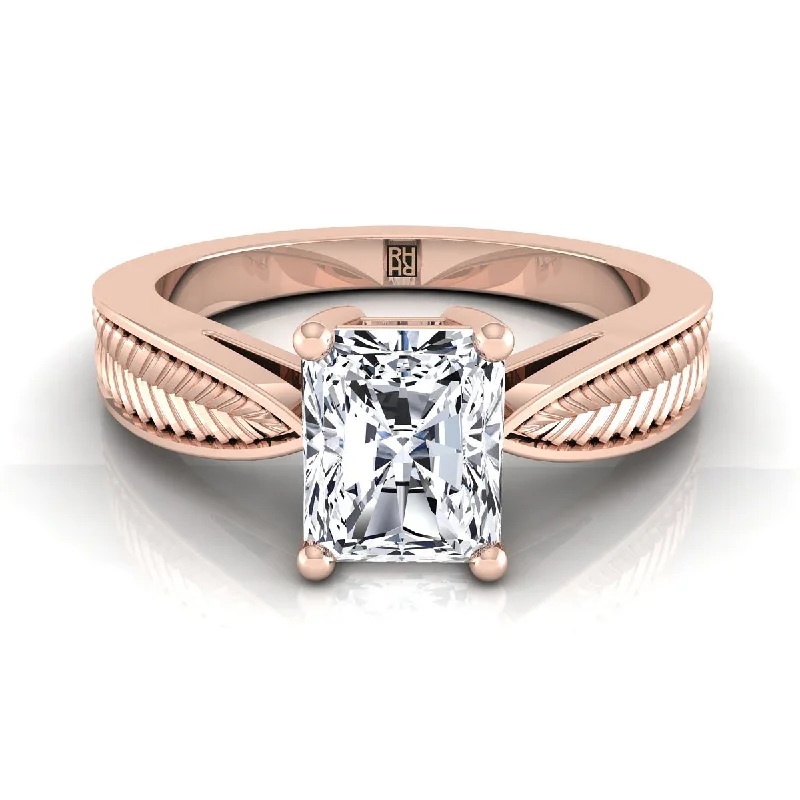 women’s stackable rings-14K Rose Gold Radiant Cut Center Vintage Inspired Leaf Pattern Pinched Solitaire Engagement Ring