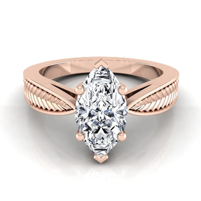 affordable engagement rings-14K Rose Gold Marquise  Vintage Inspired Leaf Pattern Pinched Solitaire Engagement Ring