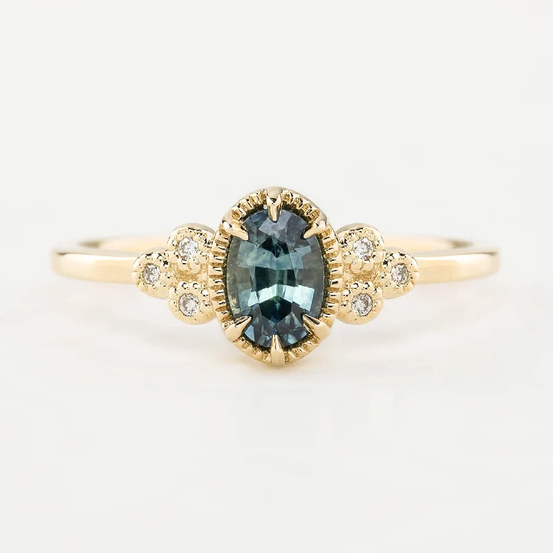 men's rings with gemstones-Celine Ring 6x4mm 0.60ct Blue Green Montana Sapphire, 14k Yellow Gold