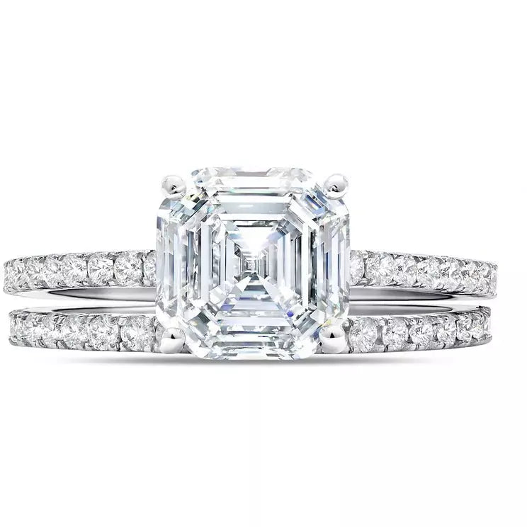 pearl engagement rings for women-CRISLU LARGE ASSCHER CUT SOLITAIRE AND PAVE RING SET