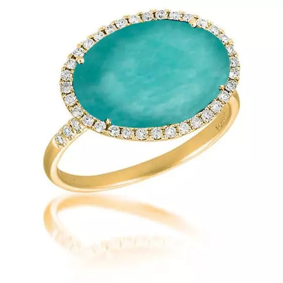 platinum engagement rings-Meira T  Yellow Gold Amazonite and Diamond Halo Ring