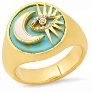 infinity rings for women-TAI GOLD CELESTIAL TURQUOISE AND CZ  SIGNET RING