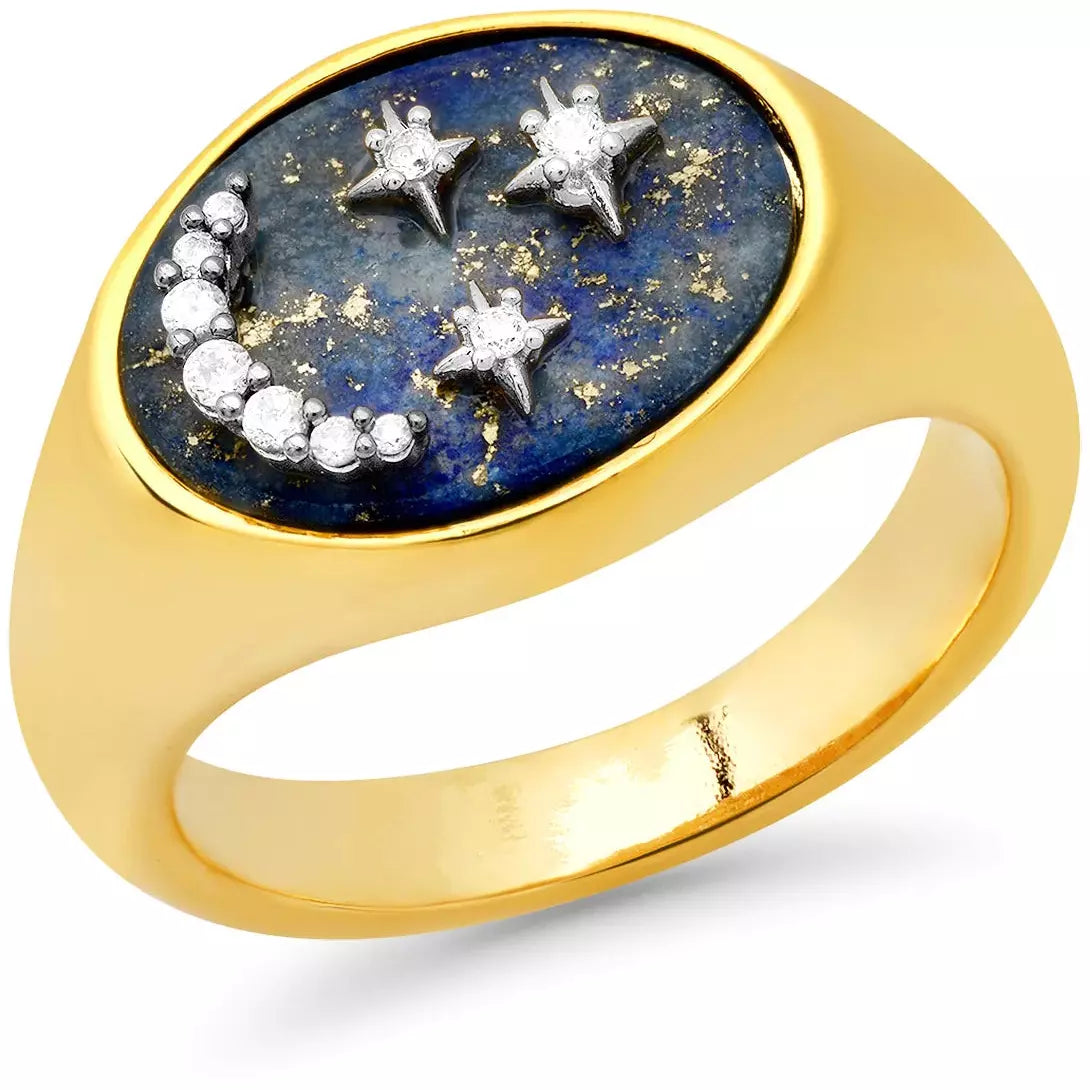 men’s black wedding bands-TAI GOLD LAPIS MOON & STAR SIGNET RING