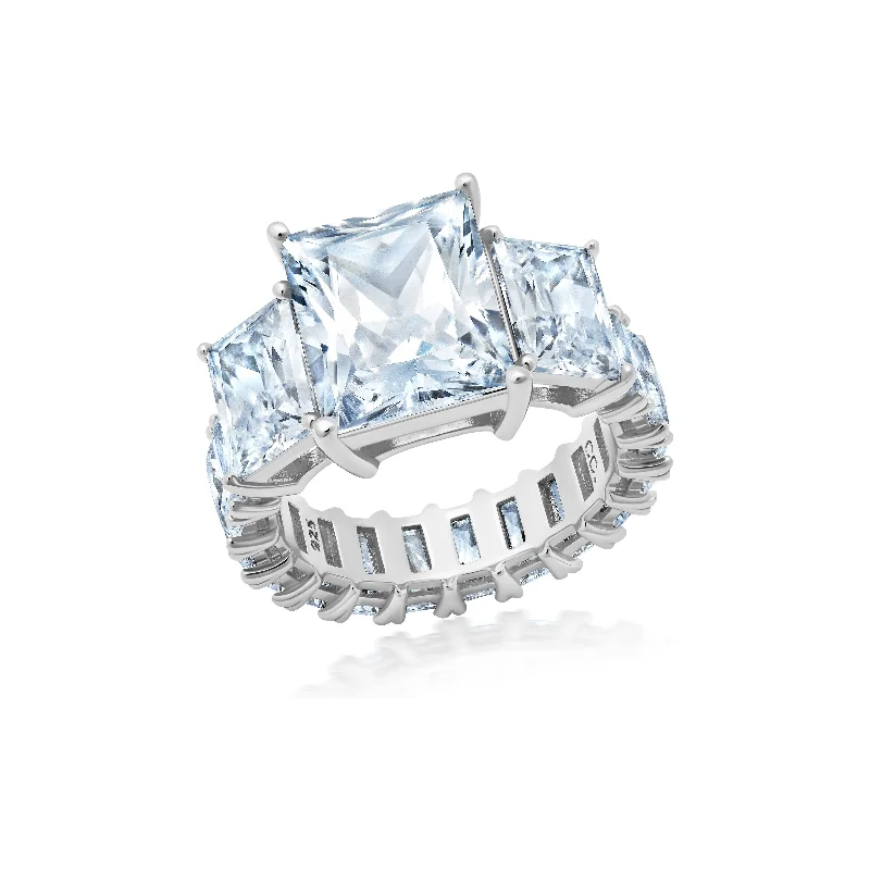 men’s custom wedding rings-CRISLU  Princess  Cut Statement  Ring with Side Stones-Finished in Pure Platinum