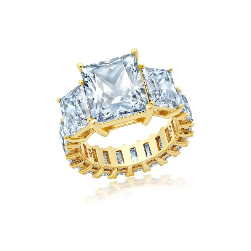 custom designed wedding rings-CRISLU  Princess  Cut Statement  Ring with Side Stones-Finished in 18kt. Yellow Gold