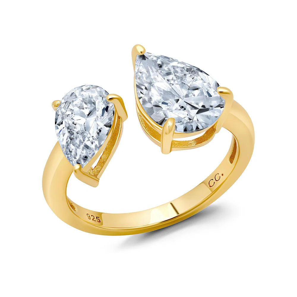 designer engagement rings-CRISLU  Up and Down Pear Cut Open Ring  in 18k Yellow Gold Finish