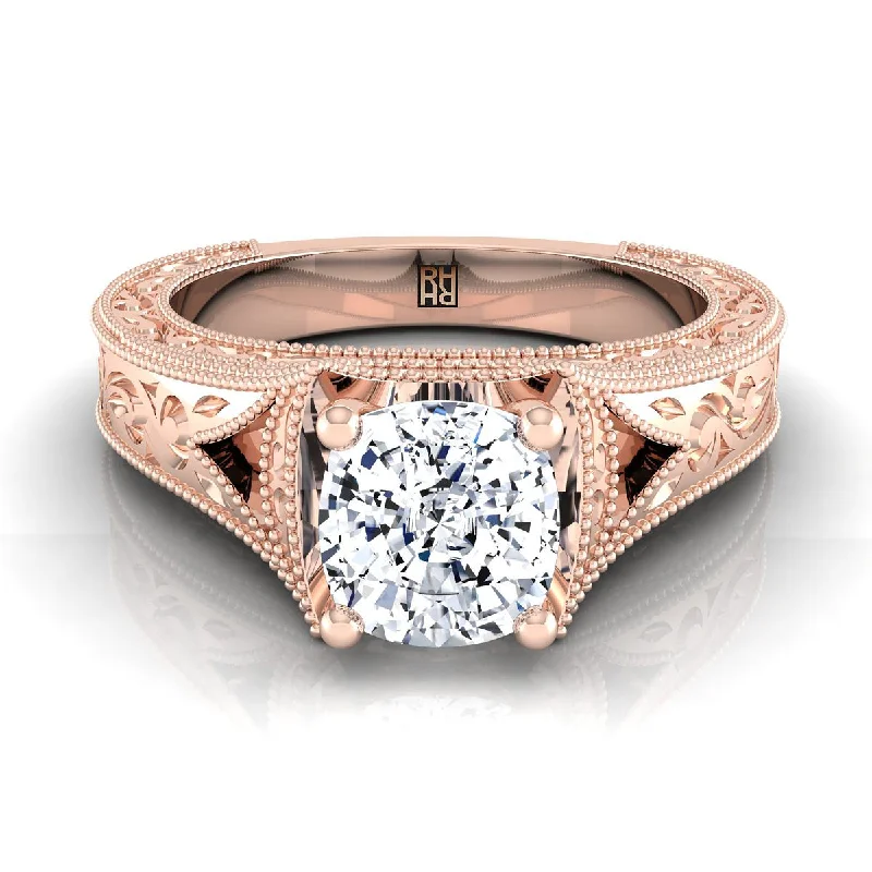 men’s rose gold rings-14K Rose Gold Cushion  Hand Engraved and Milgrain Vintage Solitaire Engagement Ring