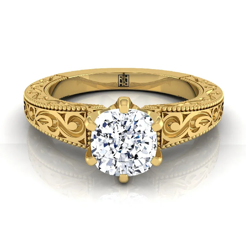 engagement rings with rubies-18K Yellow Gold Cushion Hand Engraved Scroll Vintage Solitaire Engagement Ring