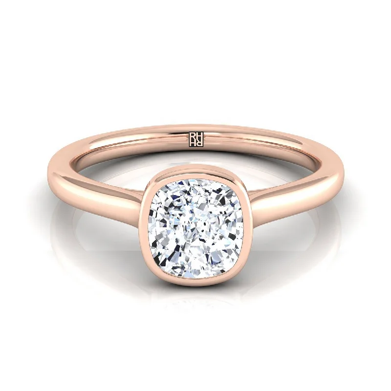 diamond rings for women-14K Rose Gold Cushion  Simple Bezel Solitaire Engagement Ring