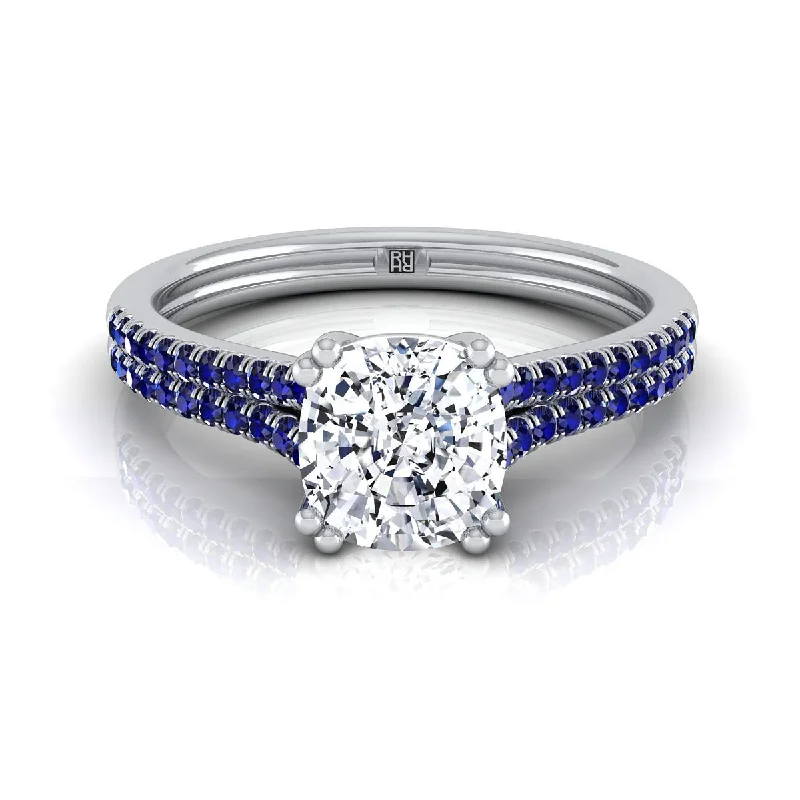 rings for women with sapphires-14K White Gold Cushion  Double Row Double Prong French Pave Diamond Engagement Ring