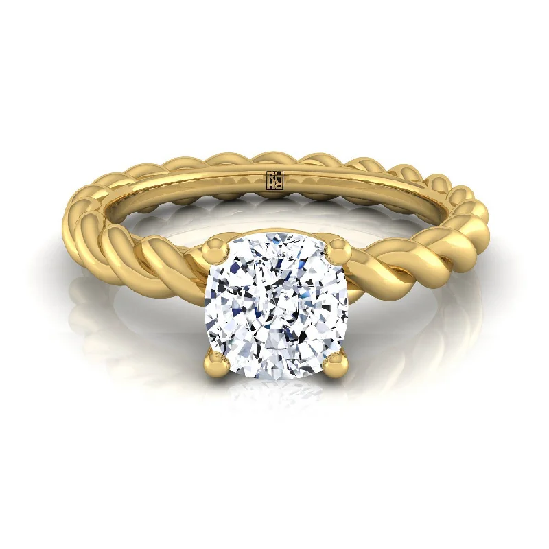 luxury diamond rings-14K Yellow Gold Cushion  Twisted Rope Braid Solitaire Band