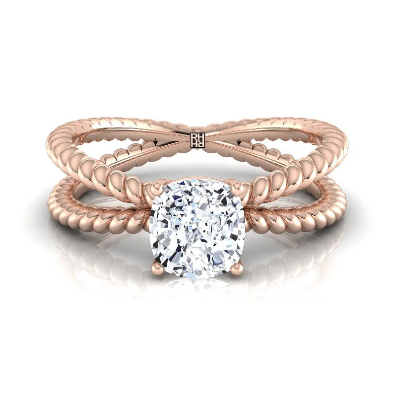 wedding rings sets-14K Rose Gold Cushion Criss Cross Twisted Rope Solitaire Engagement Ring