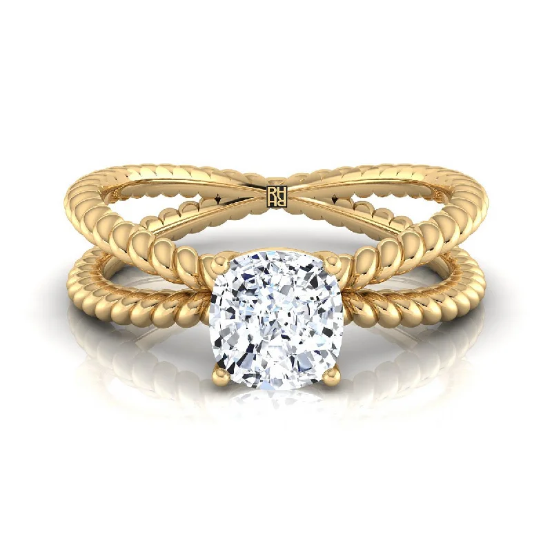 square engagement rings-18K Yellow Gold Cushion Criss Cross Twisted Rope Solitaire Engagement Ring