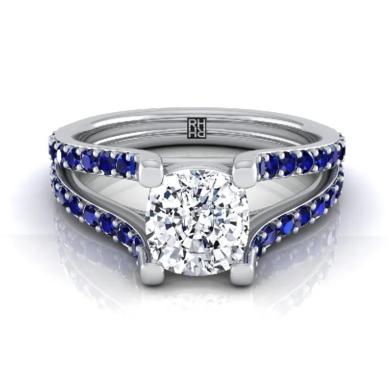 rings with diamonds for men-14K White Gold Cushion Prong Set Sapphire Split Shank Engagement Ring