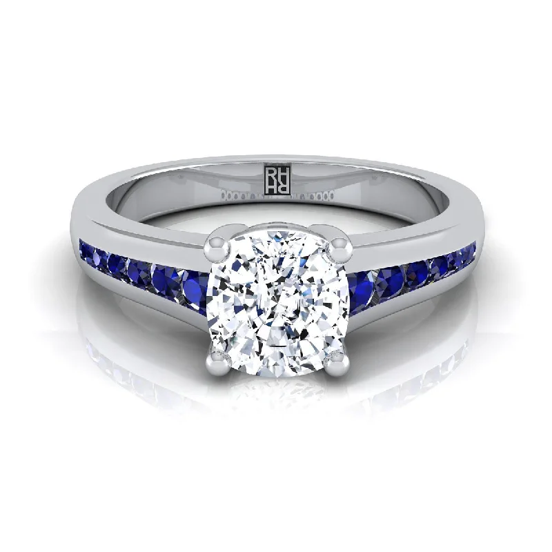 solitaire engagement rings-14K White Gold Cushion Contemporary Tapered Blue Sapphire Channel Engagement Ring