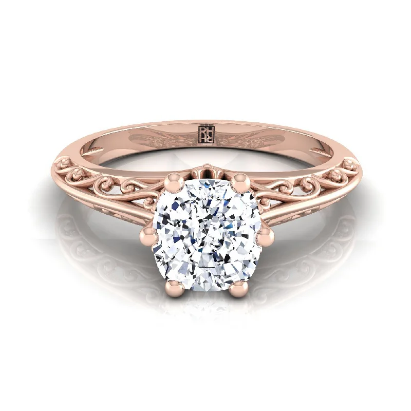 double diamond rings for women-14K Rose Gold Cushion  Delicate Vintage Scroll Cut Out Solitaire Engagement Ring