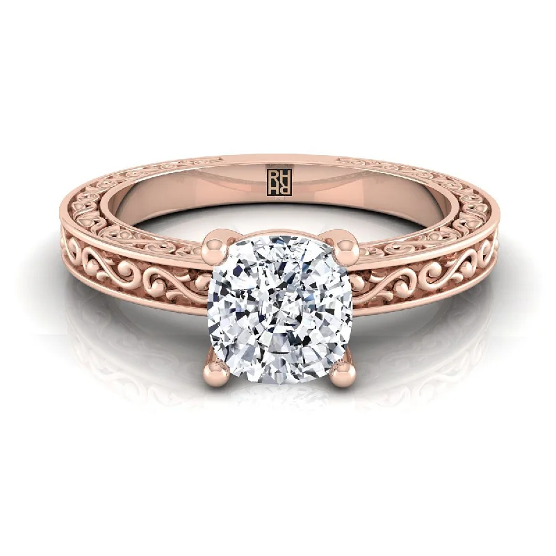 square-cut rings for women-14K Rose Gold Cushion Hand Engraved Scroll Vintage Solitaire Engagement Ring