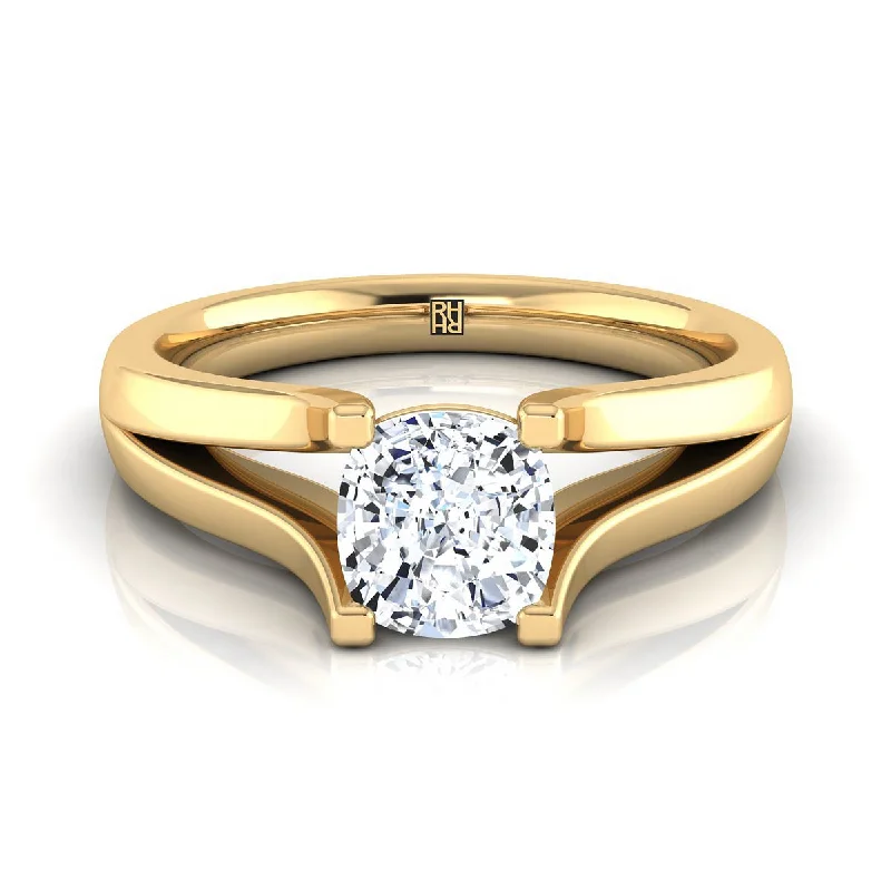 men’s engagement rings with sapphires-18K Yellow Gold Cushion Modern Split Shank Solitaire Engagement Ring