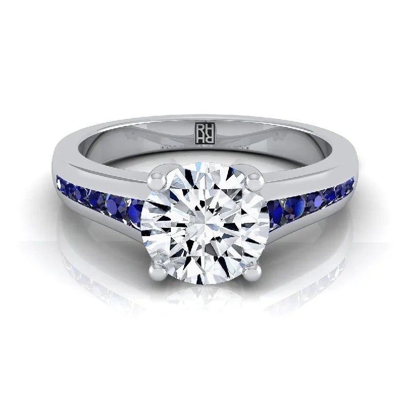 stacking rings for women-14K White Gold Round Brilliant Contemporary Tapered Blue Sapphire Channel Engagement Ring