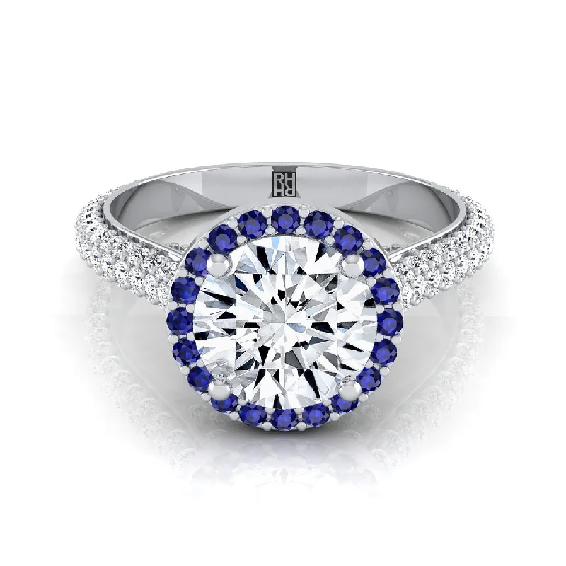 men’s wedding rings with blue sapphires-14K White Gold Round Brilliant  Micro-Pavé Halo With Pave Side Diamond Engagement Ring -7/8ctw