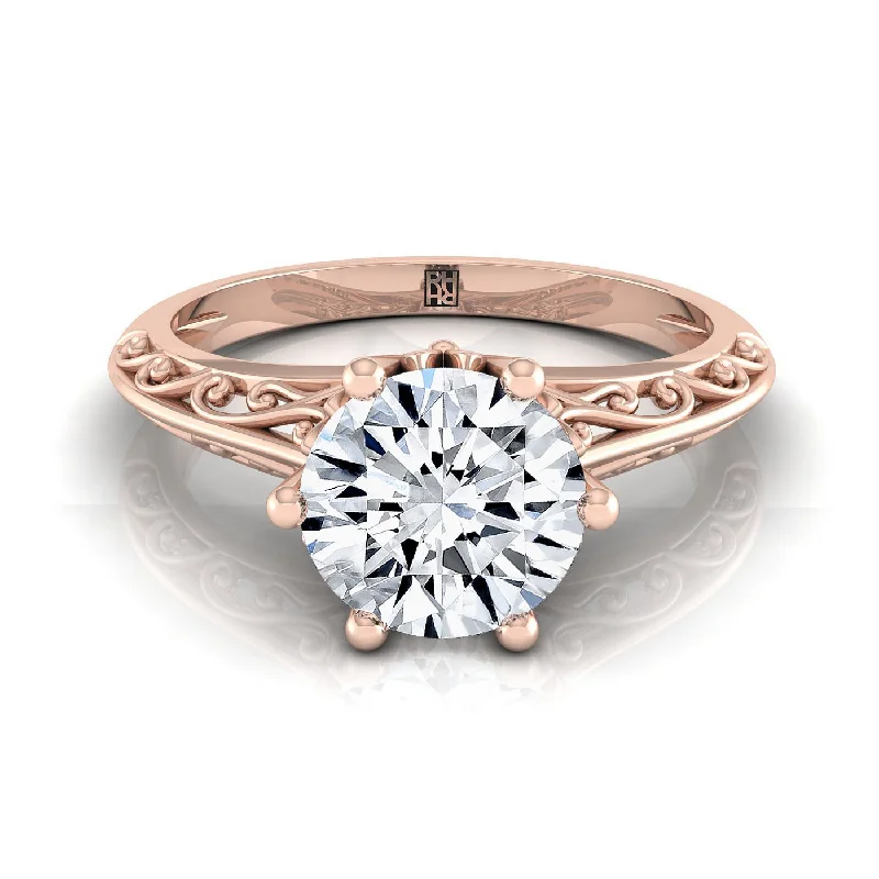 engagement rings for women-14K Rose Gold Round Brilliant  Delicate Vintage Scroll Cut Out Solitaire Engagement Ring