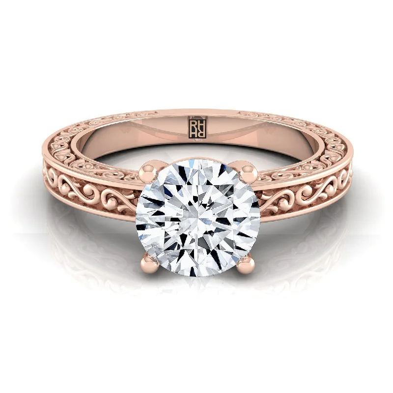 stacking rings for men-14K Rose Gold Round Brilliant Hand Engraved Scroll Vintage Solitaire Engagement Ring