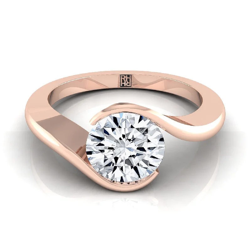 men’s sterling silver rings-14K Rose Gold Round Brilliant  Half Bezel Twist Tension Set Solitaire Engagement Ring