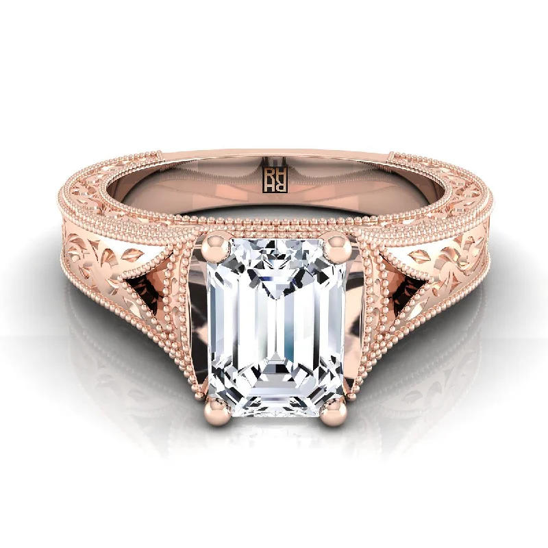 vintage silver rings for women-14K Rose Gold Emerald Cut  Hand Engraved and Milgrain Vintage Solitaire Engagement Ring