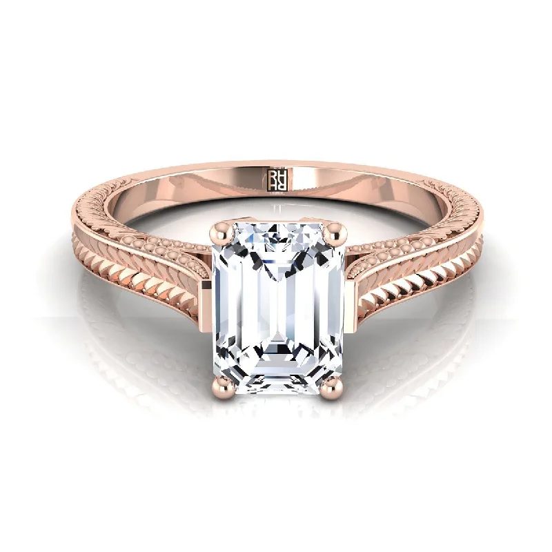 rings for women with tourmaline-14K Rose Gold Emerald Cut  Hand Engraved Vintage Cathedral Style Solitaire Engagement Ring