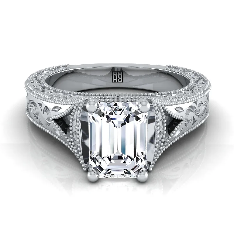 unique engagement rings-14K White Gold Emerald Cut  Hand Engraved and Milgrain Vintage Solitaire Engagement Ring