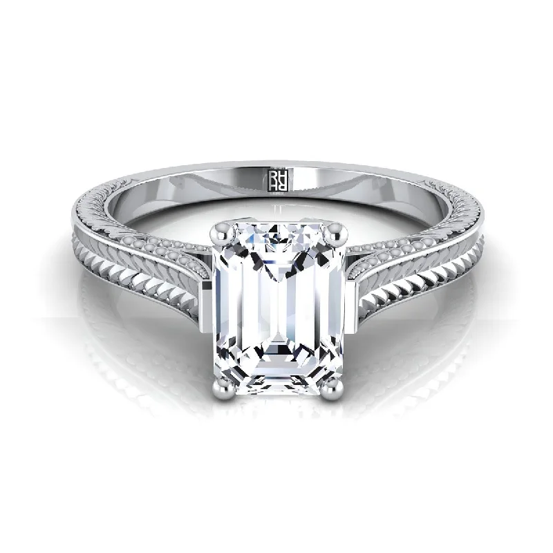 men’s sterling silver rings-14K White Gold Emerald Cut  Hand Engraved Vintage Cathedral Style Solitaire Engagement Ring