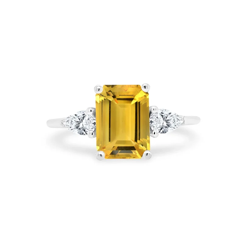 custom wedding bands-Emerald Cut Citrine with Pear Cut Diamond Side Stones