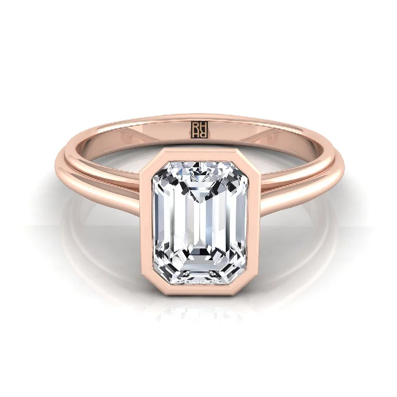 men’s sterling silver rings-14K Rose Gold Emerald Cut  Bezel Halo Cathedral Solitaire Engagement Ring