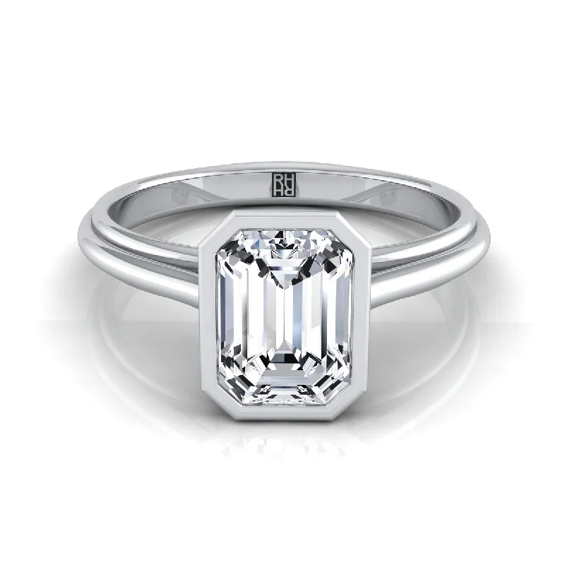 men's rings with gemstones-14K White Gold Emerald Cut  Bezel Halo Cathedral Solitaire Engagement Ring