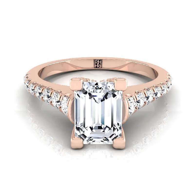 gemstone promise rings-14K Rose Gold Emerald Cut Diamond Pave Prong Linear Engagement Ring -1/2ctw