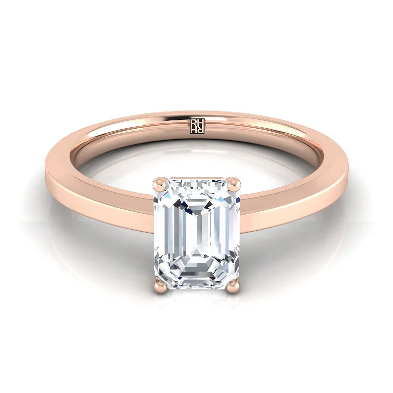 handmade wedding rings-14K Rose Gold Emerald Cut  Beveled Edge Comfort Style Bright Finish Solitaire Engagement Ring