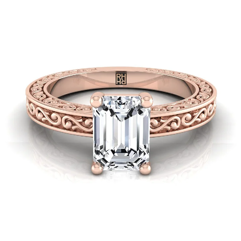 diamond eternity bands-14K Rose Gold Emerald Cut Hand Engraved Scroll Vintage Solitaire Engagement Ring