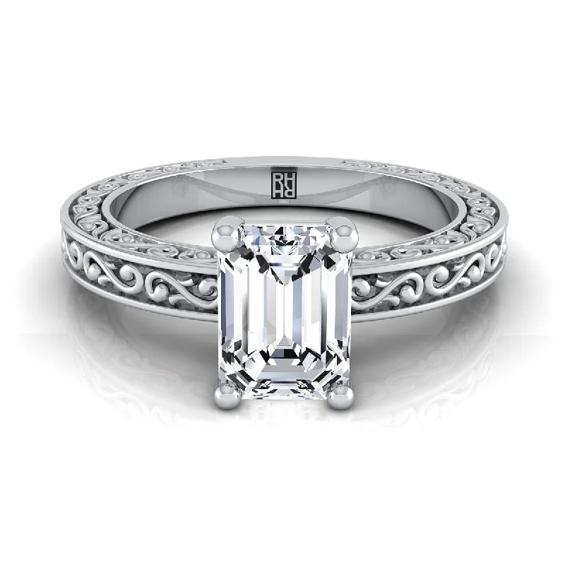 men’s rose gold rings-14K White Gold Emerald Cut Hand Engraved Scroll Vintage Solitaire Engagement Ring