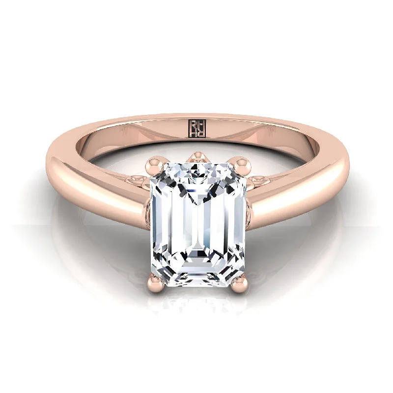 sapphire engagement rings-14K Rose Gold Emerald Cut Scroll Gallery Comfort Fit Solitaire Engagement Ring