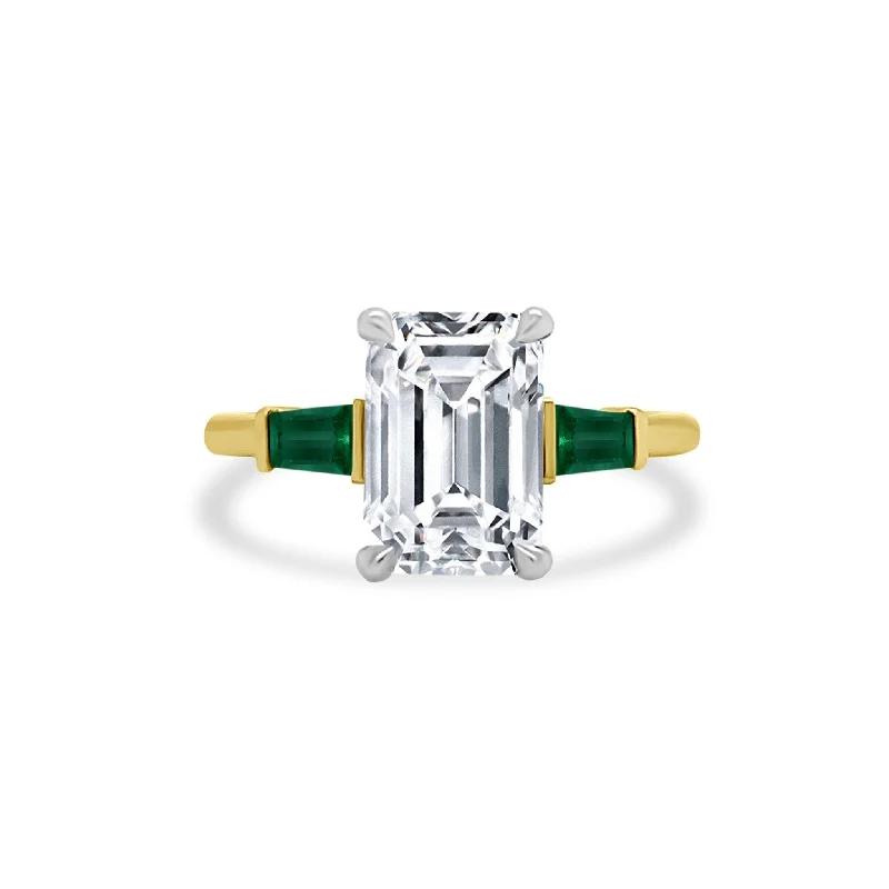 women’s birthstone rings-Emerald Cut Diamond with Emerald Tapered Baguettes