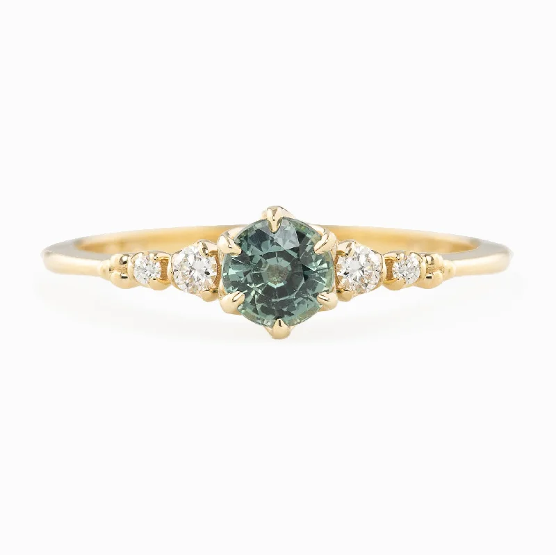 anniversary rings for couples-Estel Fleur Six Prongs Ring 4.7mm 0.55ct Blue Green Round Unheated Sapphire, 14k Yellow Gold