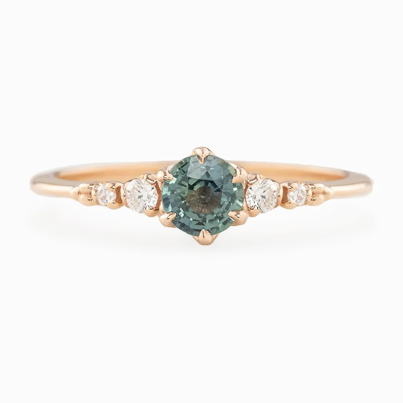 rose gold promise rings-Estel Fleur Six Prongs Ring 4.7mm 0.55ct Blue Green Round Unheated Sapphire, 14k Rose Gold