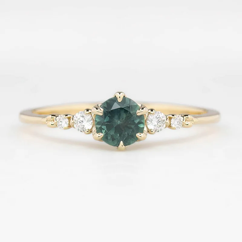 women’s cocktail rings-Estel Fleur Six Prongs Ring 4.75mm 0.60ct Peacock Green Round Montana Sapphire 14K Yellow Gold