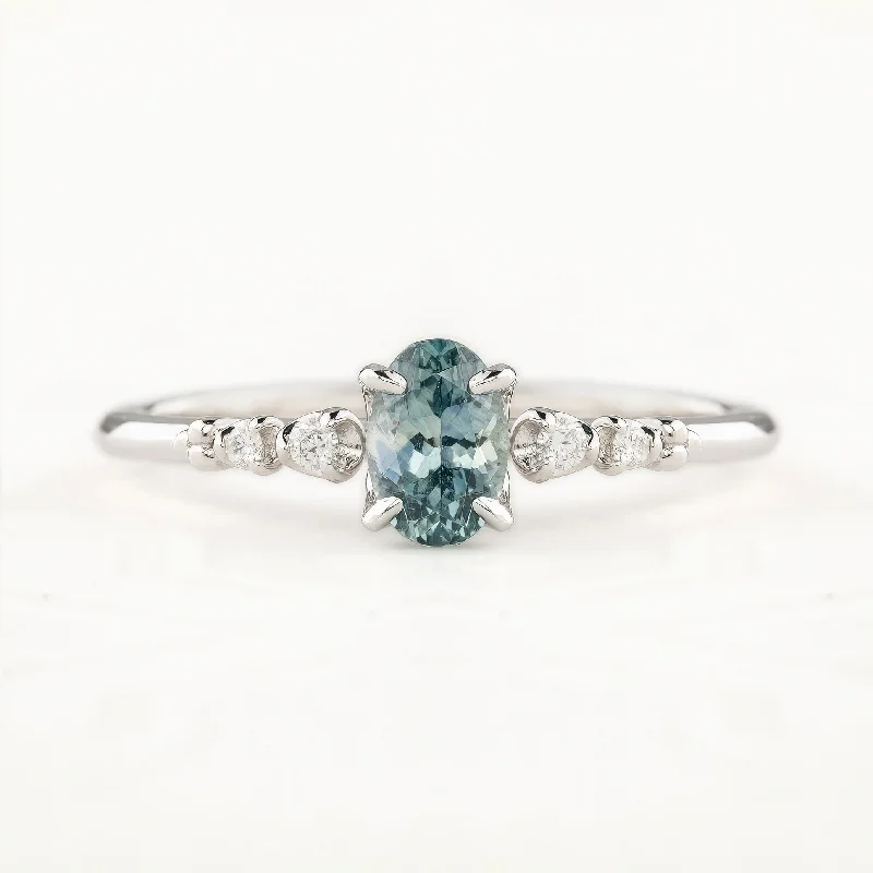 round diamond engagement rings-Estel Fleur Four Prongs Ring, 0.60ct Blue Green Montana Sapphire, 14k White Gold