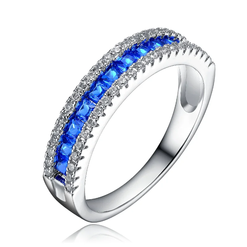 men’s rings with engravings-Ga Sterling Silver With Rhodium Plated And Sapphire Cubic Zirconia Band Ring