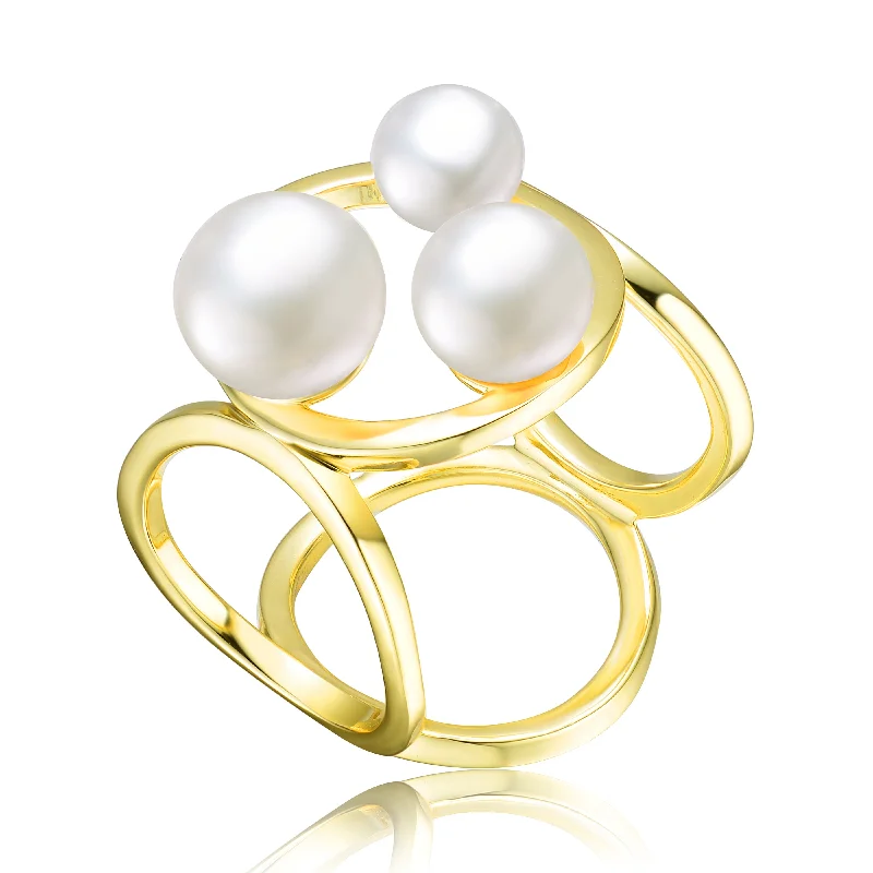 rings for women with rubies-GENEVIVE Sterling Silver Gold Plated 6.5-8MM Freshwater Pearls Geometric Ring