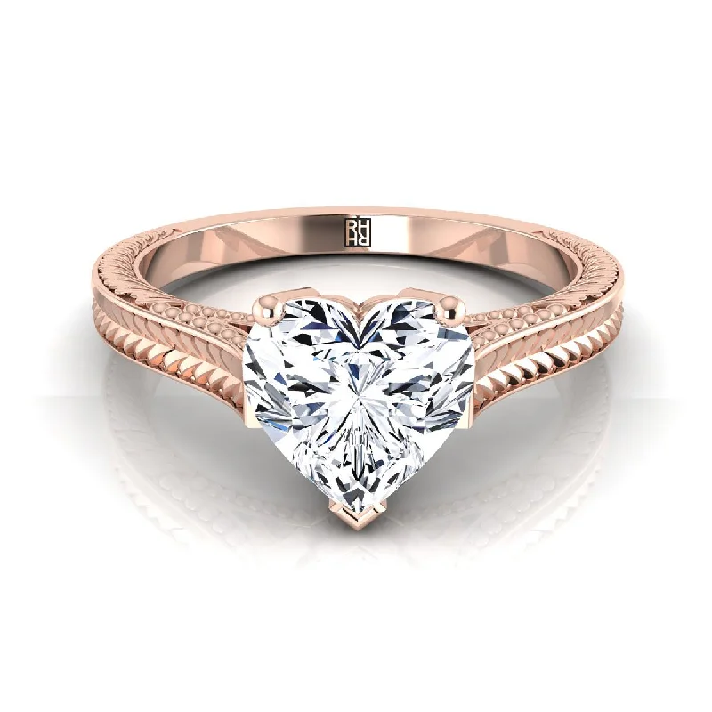 engraved rings for women-14K Rose Gold Heart Shape Center  Hand Engraved Vintage Cathedral Style Solitaire Engagement Ring